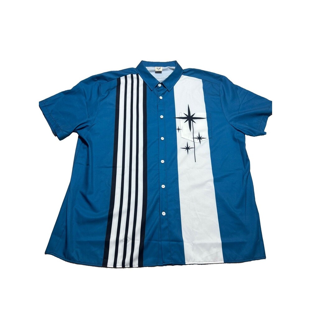 Vintage Hardaddy XXL Blue & White Retro Stripe Short Sleeve Bowling Shirt